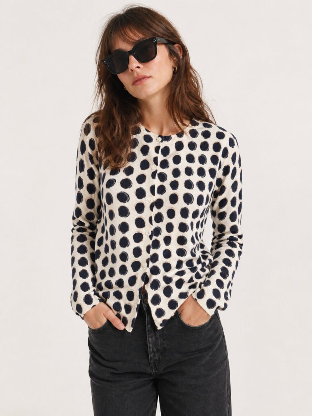 BANANA REPUBLIC Ivory Graphic Dots Button Cardigan Sweater Medium - Picture 2 of 15